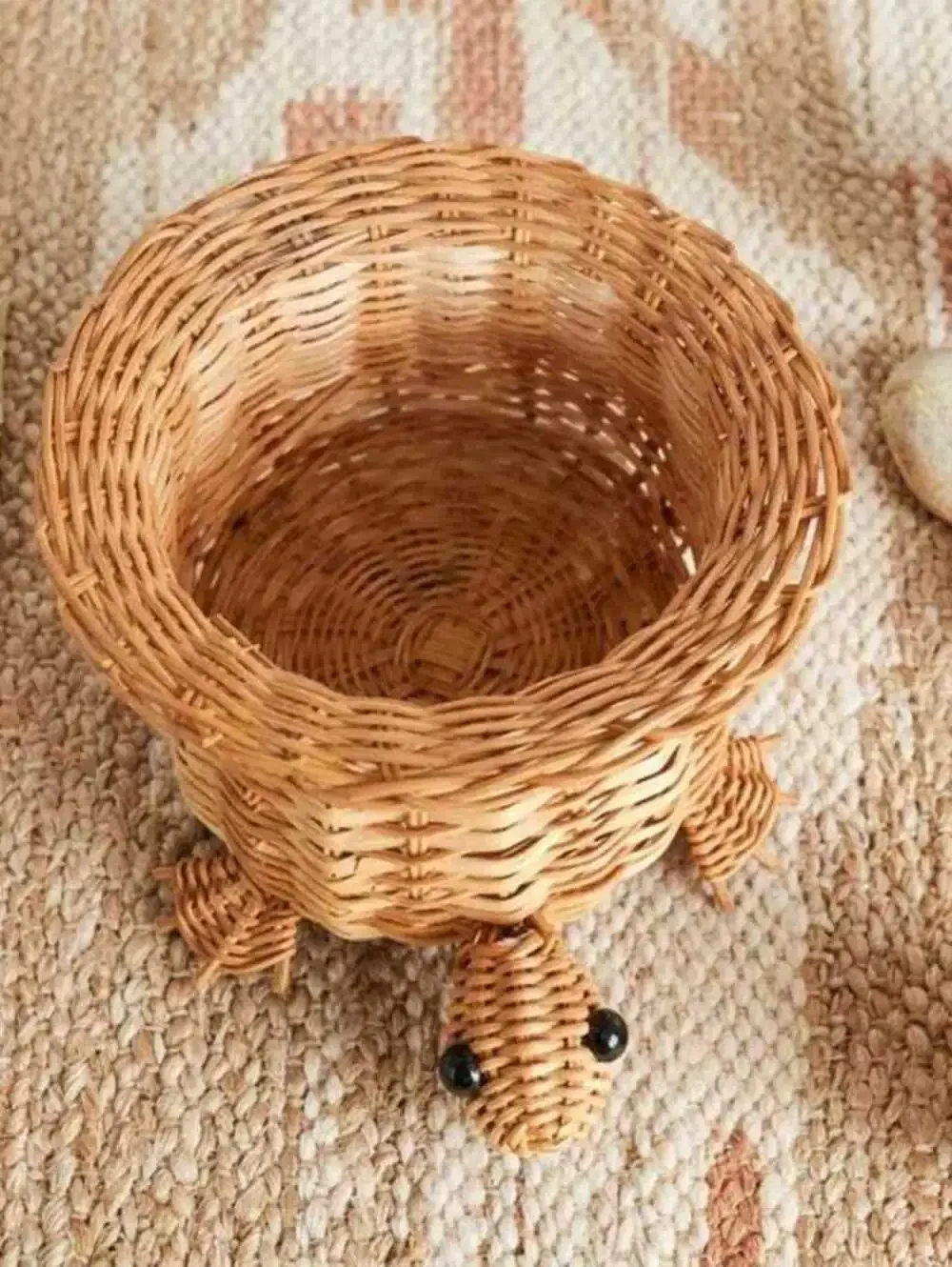 Vintage Wicker Turtle Basket with Black Bead Eyes, Mid-Century Handmade Rattan